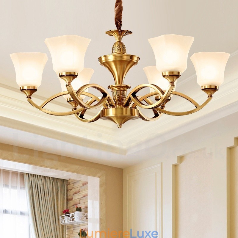 Grand lustre suspendu luxueux en laiton pur, style rustique rétro vintage, avec abat-jour en verre