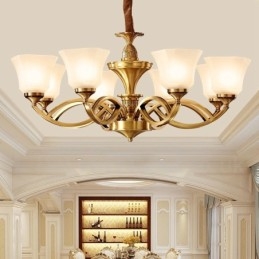 Grand lustre suspendu luxueux en laiton pur, style rustique rétro vintage, avec abat-jour en verre