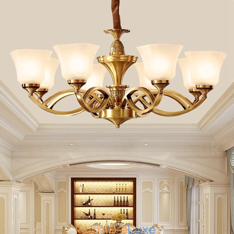 Grand lustre suspendu luxueux en laiton pur, style rustique rétro vintage, avec abat-jour en verre