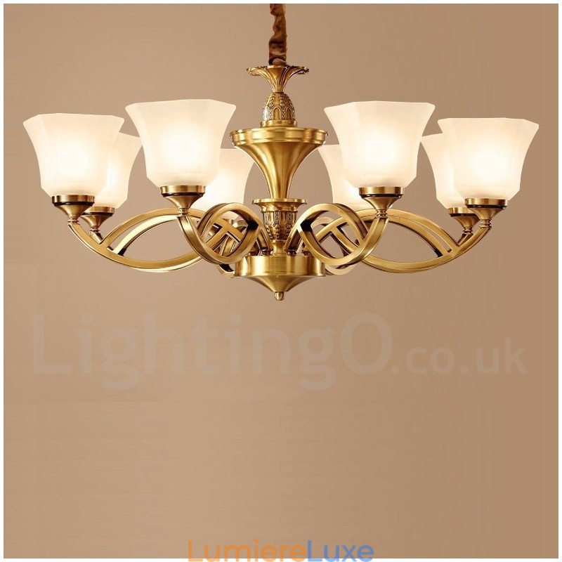 Grand lustre suspendu luxueux en laiton pur, style rustique rétro vintage, avec abat-jour en verre