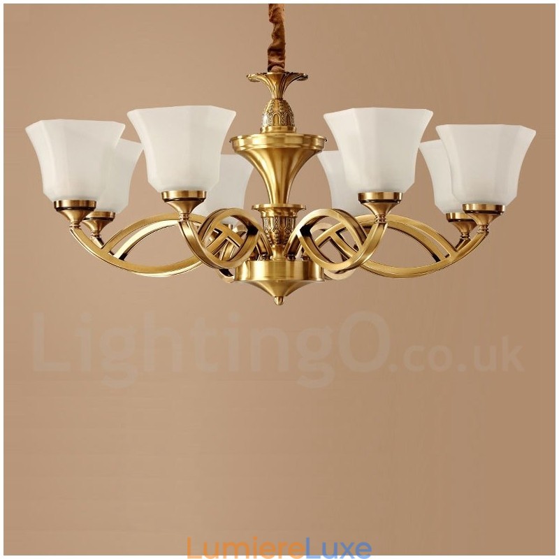 Grand lustre suspendu luxueux en laiton pur, style rustique rétro vintage, avec abat-jour en verre