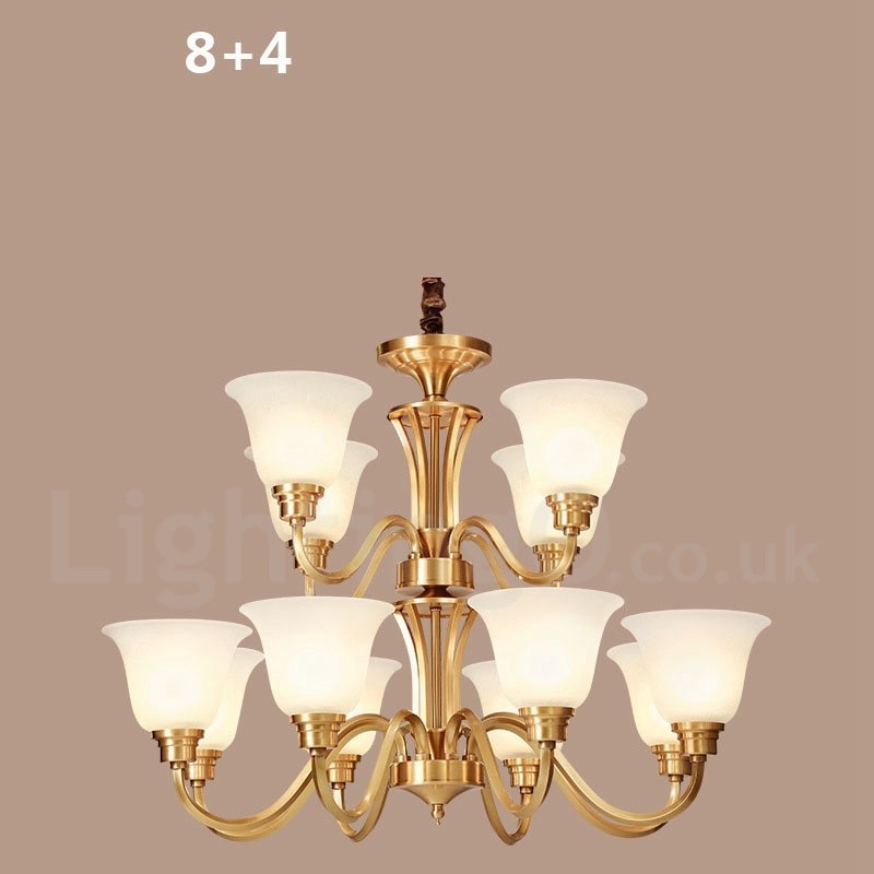 Lustre suspendu luxueux en laiton massif, style rustique rétro vintage, avec abat-jour en verre
