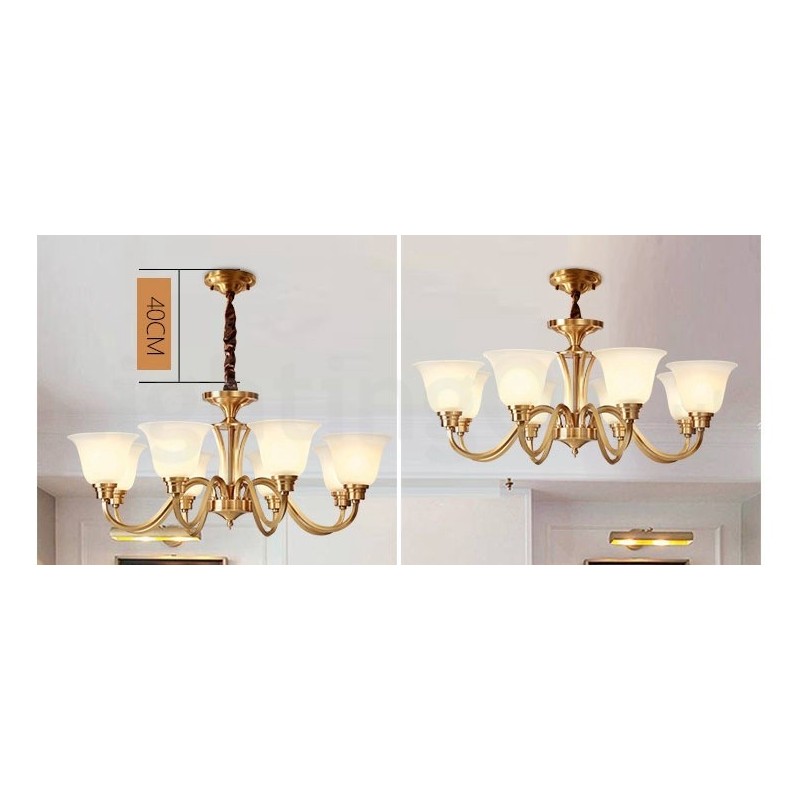 Lustre suspendu luxueux en laiton massif, style rustique rétro vintage, avec abat-jour en verre
