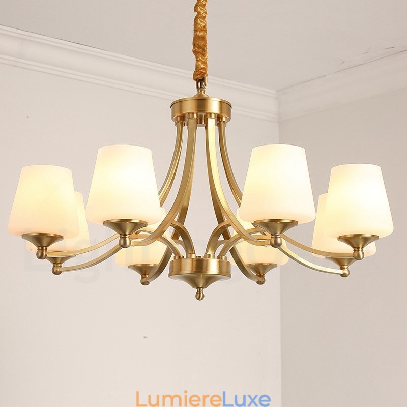 Lustre suspendu luxueux en laiton pur, style rustique rétro vintage, avec abat-jour en verre