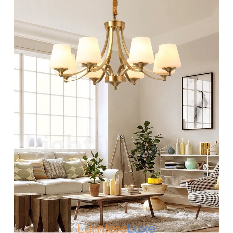 Lustre suspendu luxueux en laiton pur, style rustique rétro vintage, avec abat-jour en verre