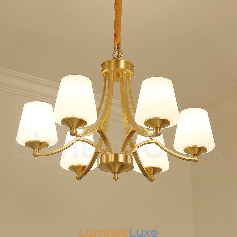 Lustre suspendu luxueux en laiton pur, style rustique rétro vintage, avec abat-jour en verre