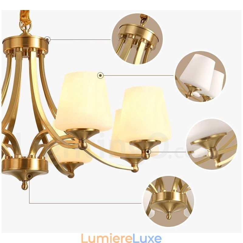 Lustre suspendu luxueux en laiton pur, style rustique rétro vintage, avec abat-jour en verre