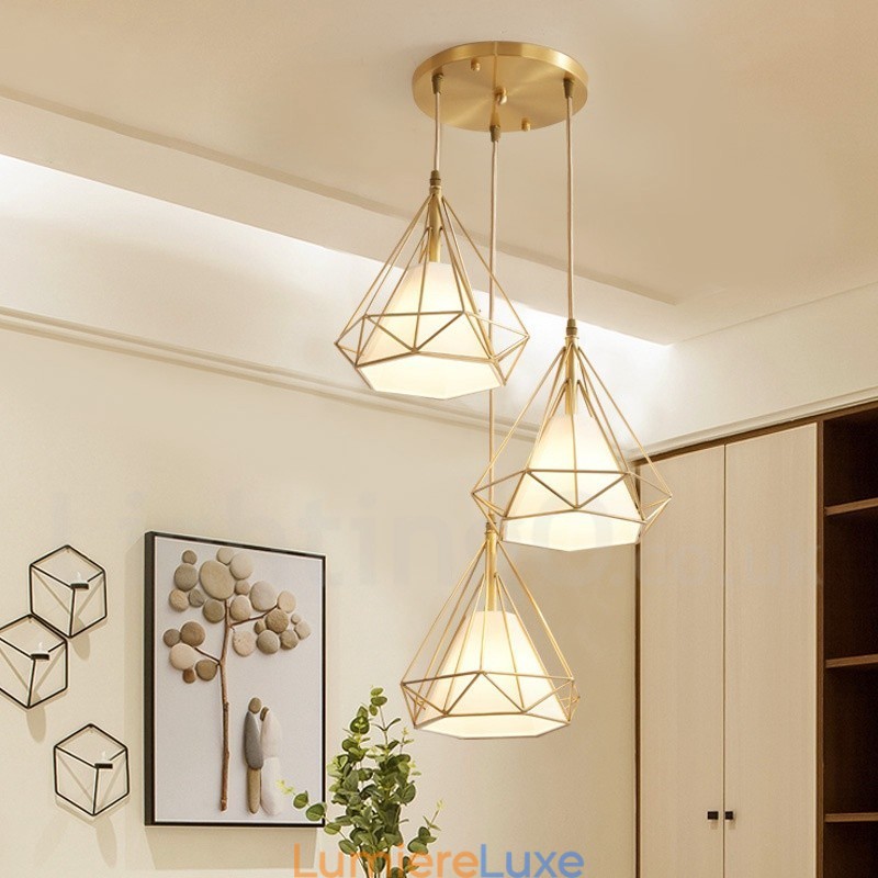 Suspension rustique en laiton pur de style nordique avec abat-jour en tissu