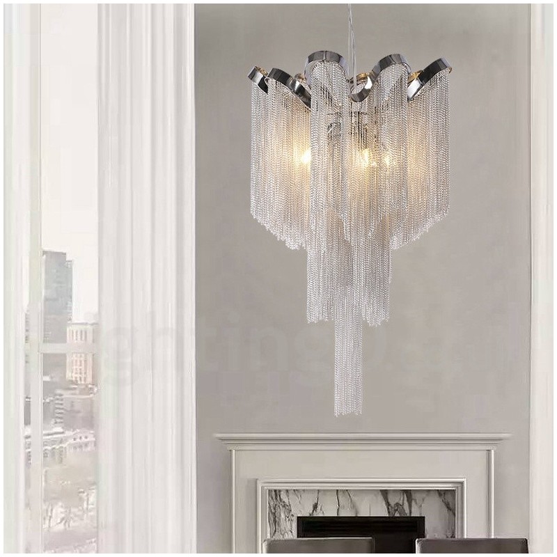 Lustre design à pampilles en aluminium, couleur argent