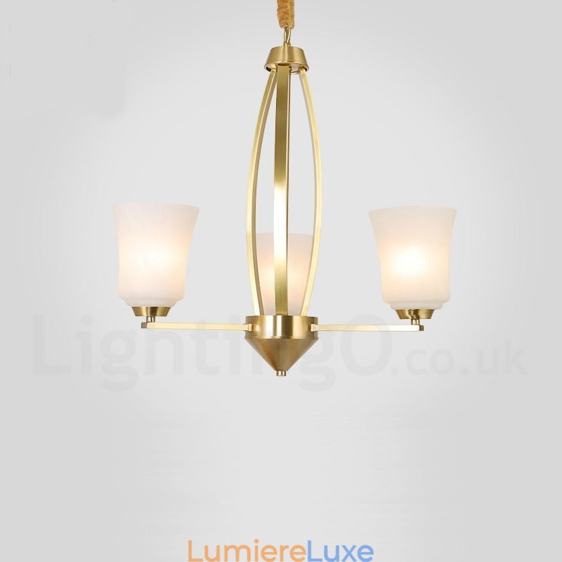 Lustre suspendu luxueux à 3 lumières en laiton pur, style rustique rétro vintage, avec abat-jour en verre
