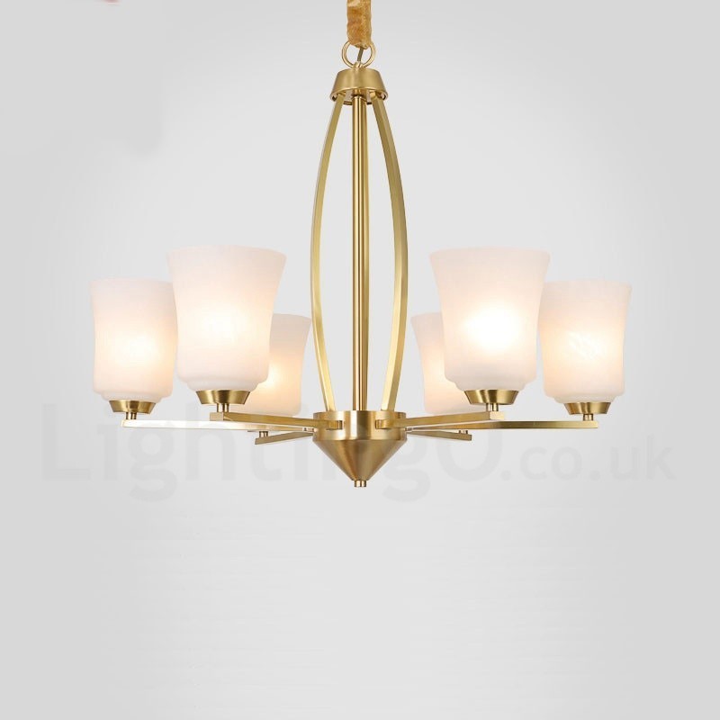 Lustre suspendu luxueux à 6 lumières en laiton pur, style rustique rétro vintage, avec abat-jour en verre