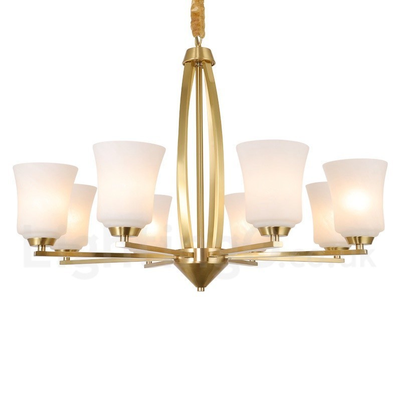 Lustre suspendu luxueux à 8 lumières en laiton pur, style rustique rétro vintage, avec abat-jour en verre