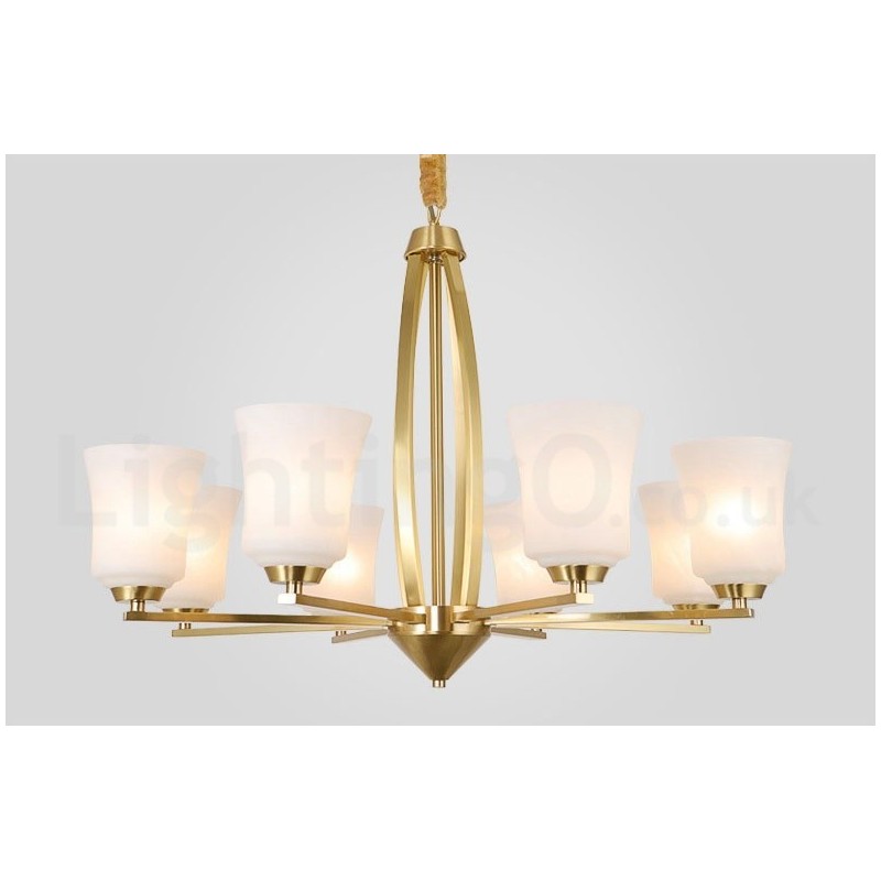 Lustre suspendu luxueux à 8 lumières en laiton pur, style rustique rétro vintage, avec abat-jour en verre