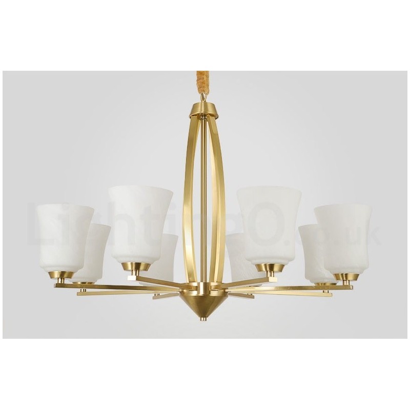 Lustre suspendu luxueux à 8 lumières en laiton pur, style rustique rétro vintage, avec abat-jour en verre