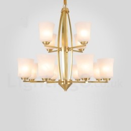 Lustre suspendu luxueux à 12 lumières en laiton pur, style rustique rétro vintage, avec abat-jour en verre