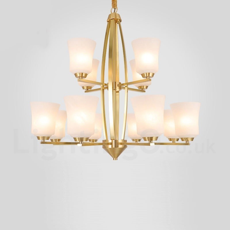 Lustre suspendu luxueux à 12 lumières en laiton pur, style rustique rétro vintage, avec abat-jour en verre