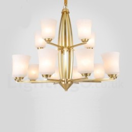 Lustre suspendu luxueux en laiton pur à 15 lumières, style rustique rétro vintage, avec abat-jour en verre