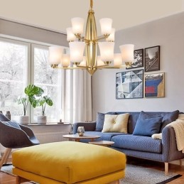 Lustre suspendu luxueux en laiton pur à 15 lumières, style rustique rétro vintage, avec abat-jour en verre