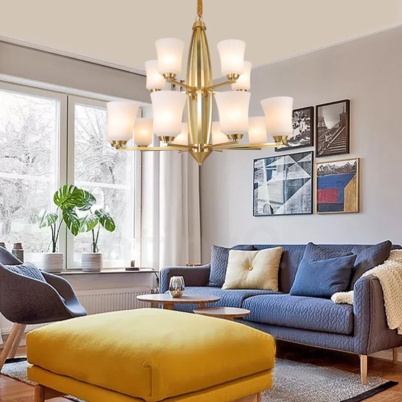 Lustre suspendu luxueux en laiton pur à 15 lumières, style rustique rétro vintage, avec abat-jour en verre