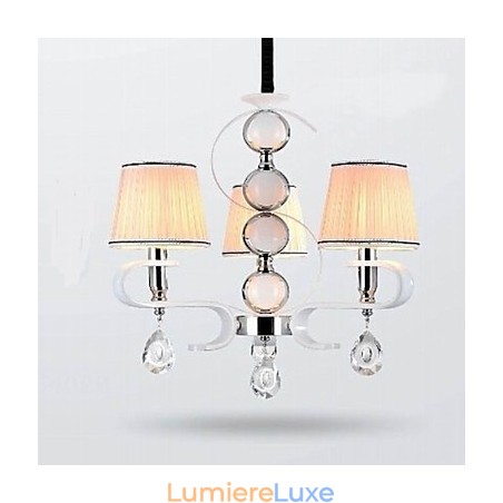 Lustre en tissu 3 lumières de haute qualité, anneau en argent et jade blanc Lustre en tissu 3 lumières de haute qualité, anneau en argent et jade blanc