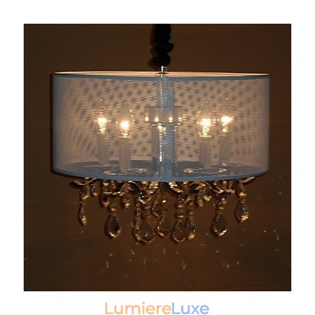 Suspension contemporaine en cristal à 5 lumières et abat-jour semi-transparent Suspension contemporaine en cristal à 5 lumières et abat-jour semi-transparent