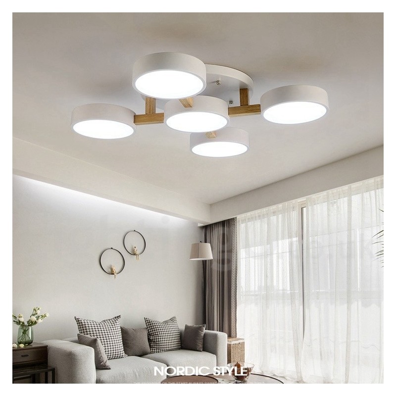 Lustre en bois moderne contemporain de style nordique, plafonnier encastré avec abat-jour en acrylique