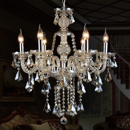 Lustre moderne en cristal K9 de couleur cognac rétro à 6 lumières Lustre moderne en cristal K9 de couleur cognac rétro à 6 lumières
