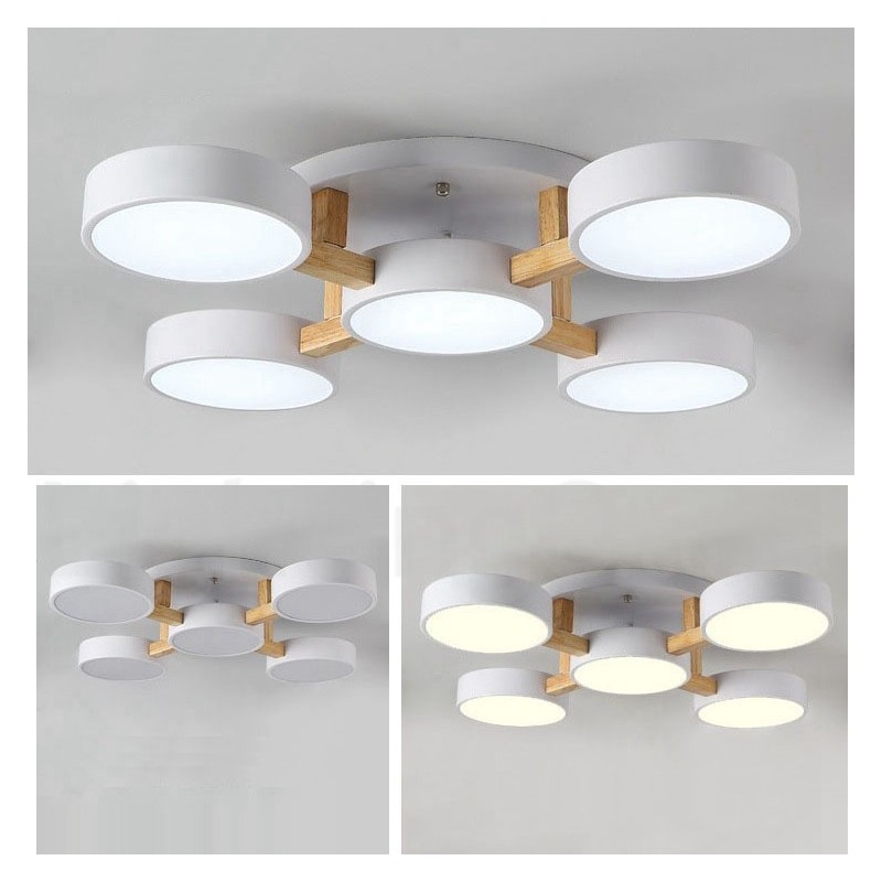 Lustre en bois moderne contemporain de style nordique, plafonnier encastré avec abat-jour en acrylique