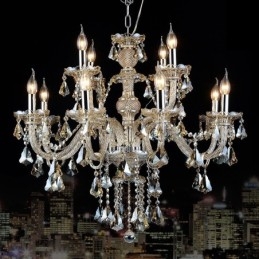 Lustre moderne en cristal K9 de couleur cognac rétro à 12 lumières