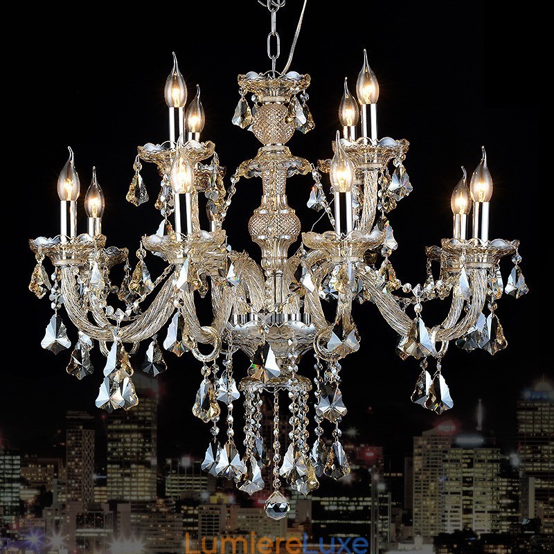 Lustre moderne en cristal K9 de couleur cognac rétro à 12 lumières