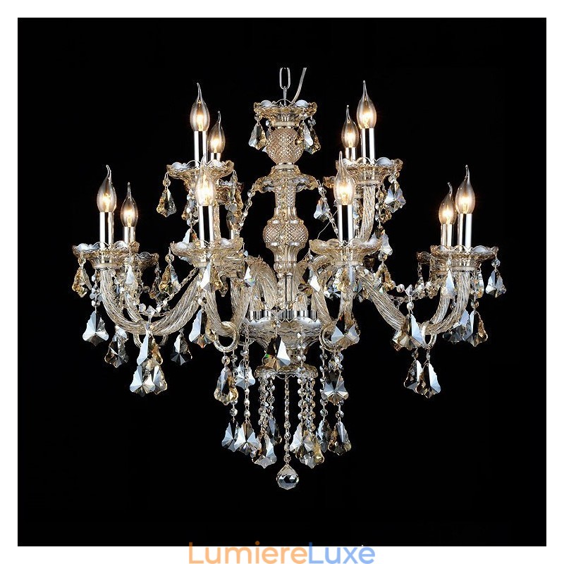Lustre moderne en cristal K9 de couleur cognac rétro à 12 lumières
