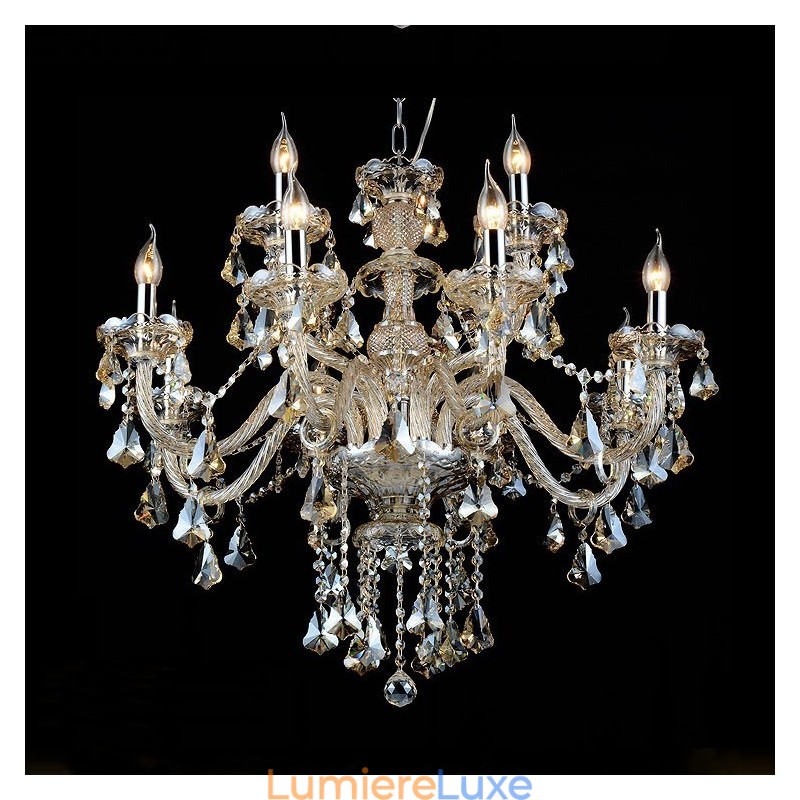 Lustre moderne en cristal K9 de couleur cognac rétro à 12 lumières