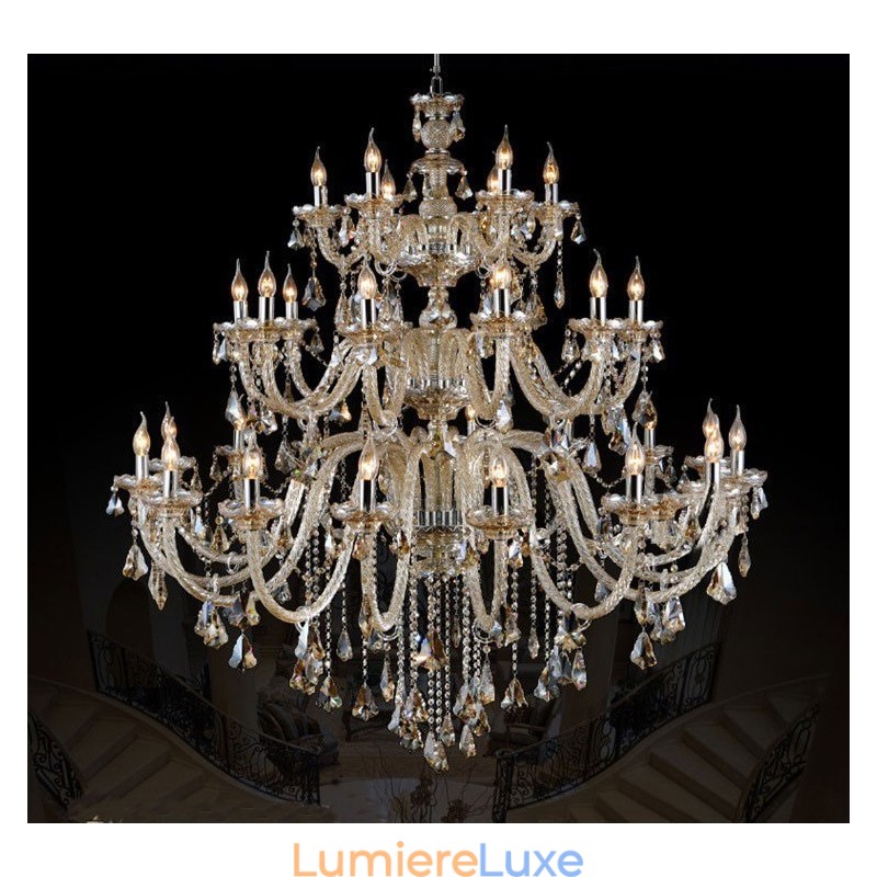 Lustre extra large à 3 niveaux en cristal K9 de couleur cognac, style rétro et luxueux