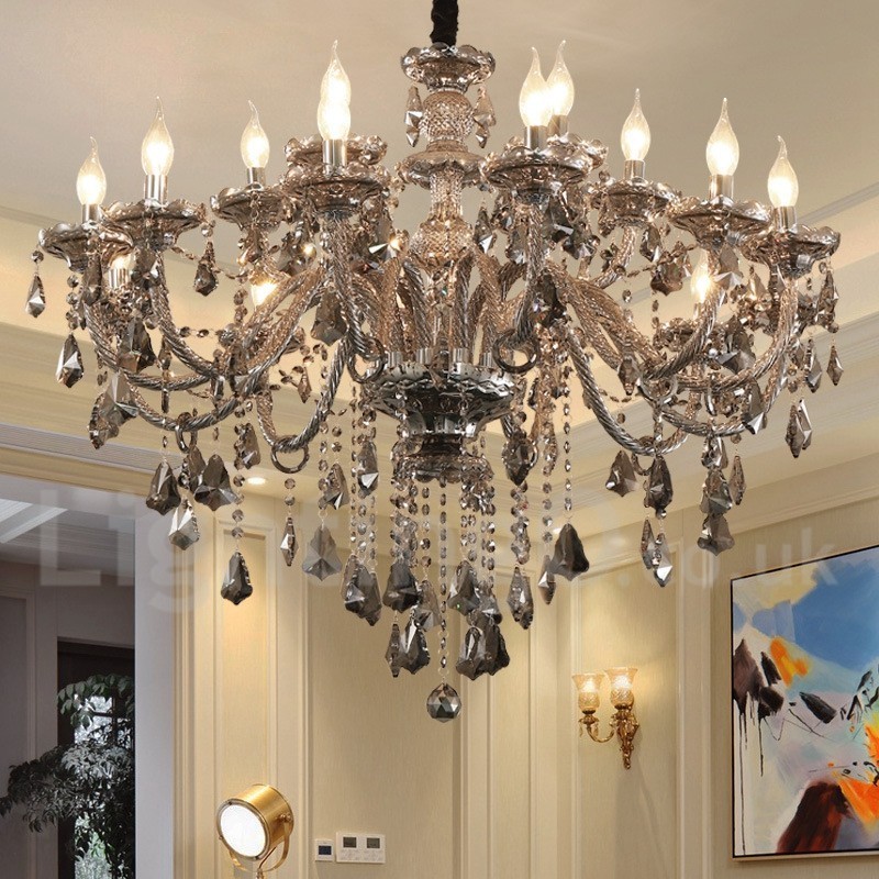 Lustre rétro à 18 lumières en cristal K9 de couleur grise