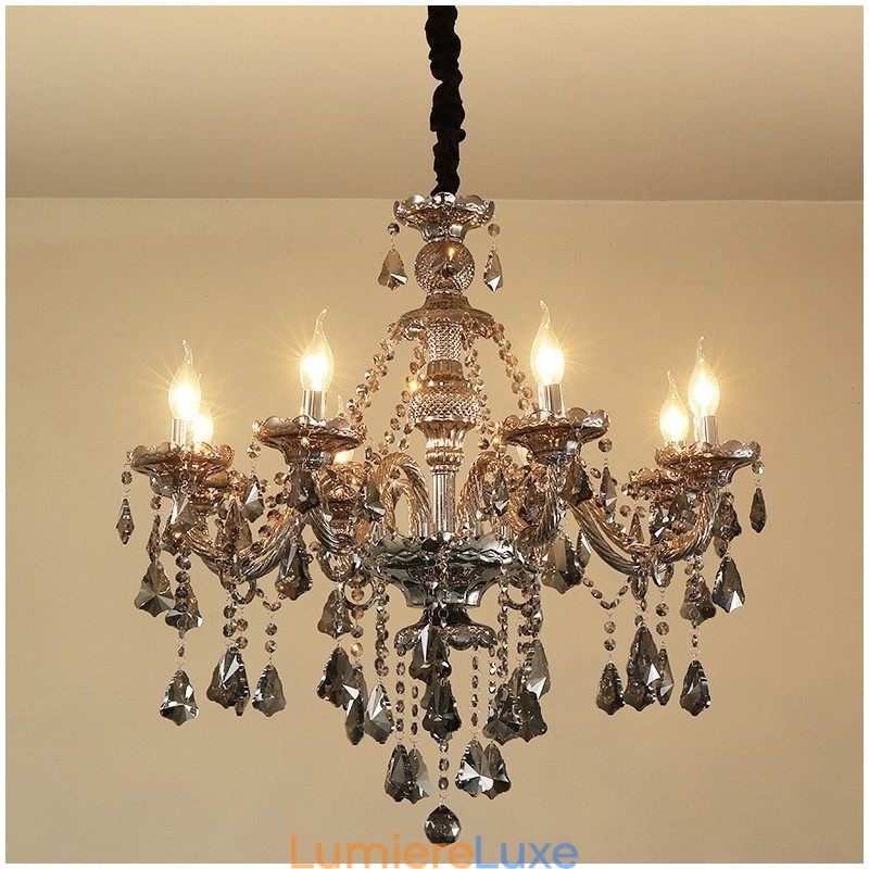 Lustre bougie rétro en cristal K9 gris à 8 lumières