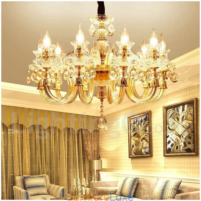 Lustre bougie en cristal transparent K9 couleur or rétro