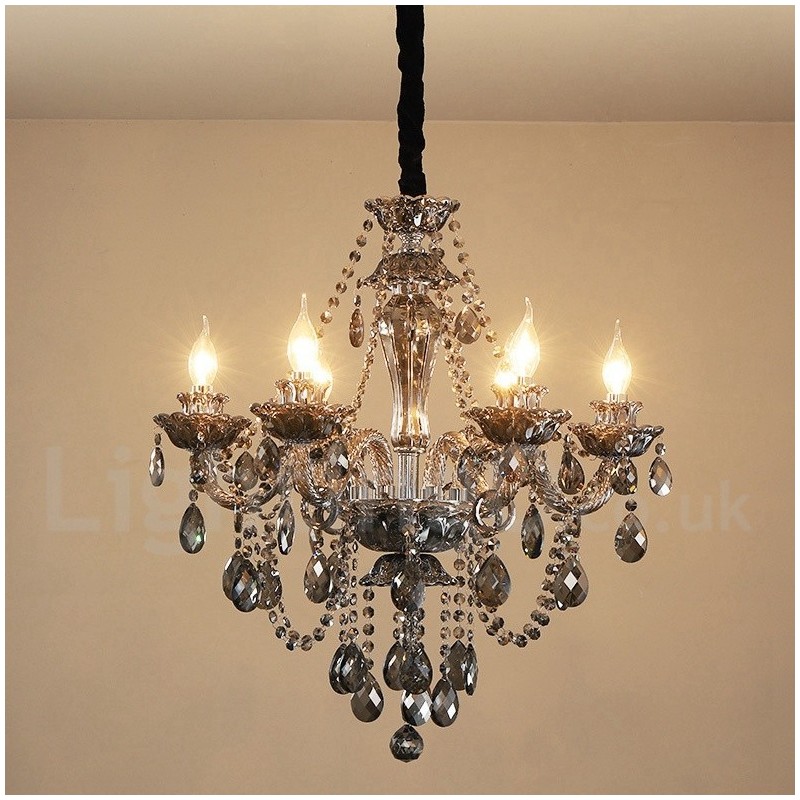 Grand lustre rétro à 6 lumières en cristal K9 de couleur grise