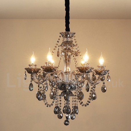 Grand lustre rétro à 6 lumières en cristal K9 de couleur grise Grand lustre rétro à 6 lumières en cristal K9 de couleur grise