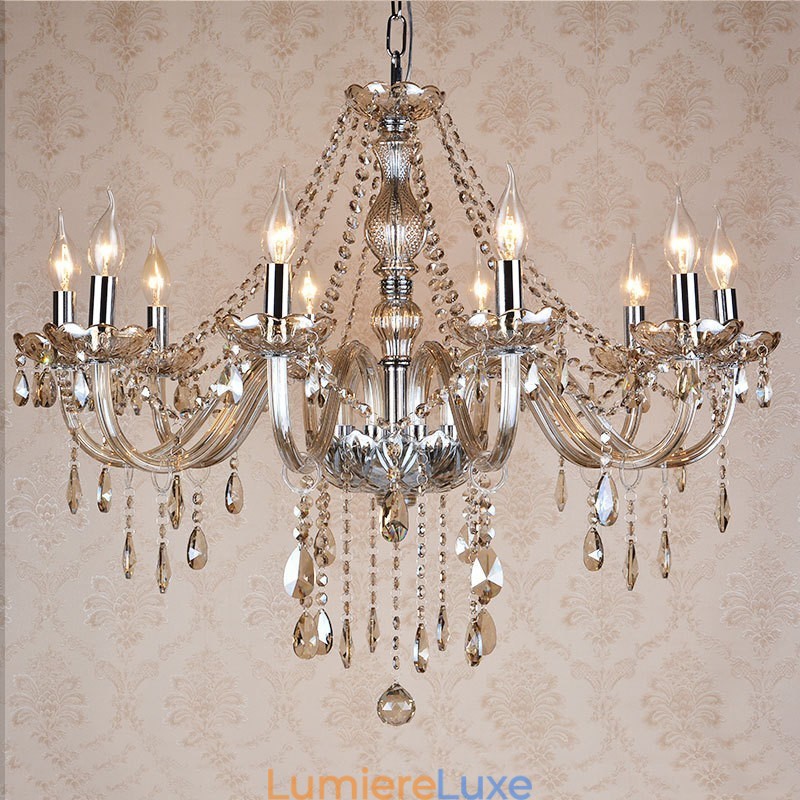 Lustre en cristal K9 de grande taille avec abat-jour couleur cognac