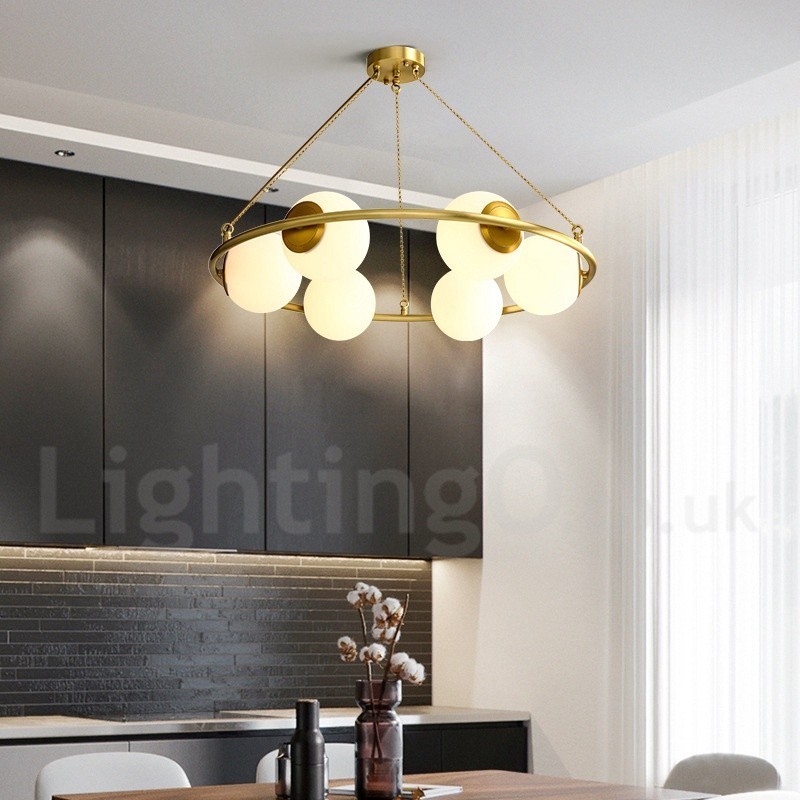Lustre rond rustique en laiton pur de style haricot avec abat-jour blancs