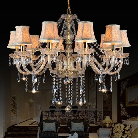 Lustre en cristal K9 de grande taille avec bougie dorée et abat-jour Lustre en cristal K9 de grande taille avec bougie dorée et abat-jour