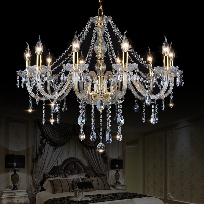 Lustre en cristal K9 de grande taille avec bougie dorée et abat-jour
