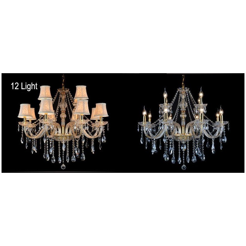 Lustre en cristal K9 de grande taille avec bougie dorée et abat-jour