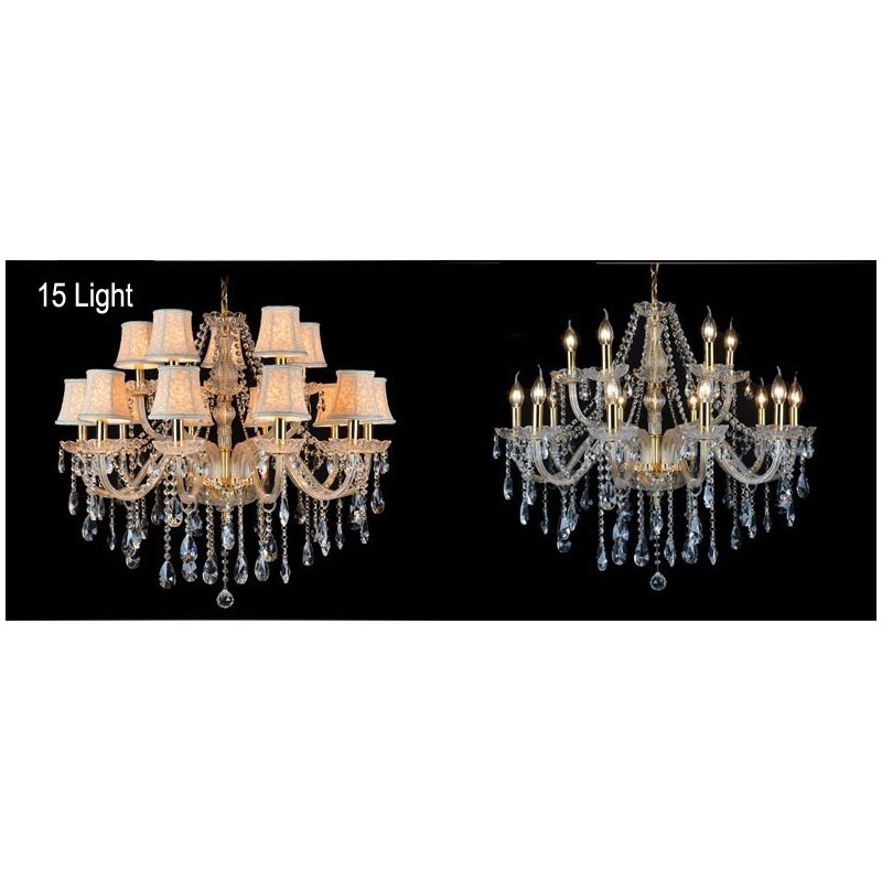 Lustre en cristal K9 de grande taille avec bougie dorée et abat-jour
