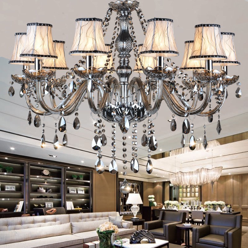 Lustre en cristal K9 de grande taille avec bougie grise et abat-jour