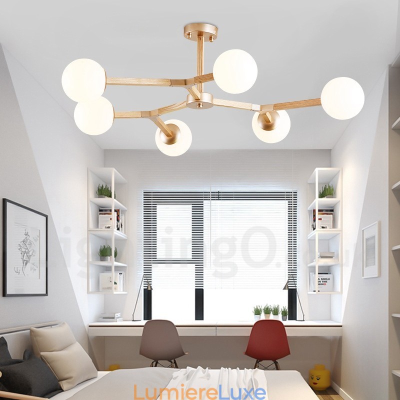 Lustre moléculaire en bois de style nordique moderne avec abat-jour en verre