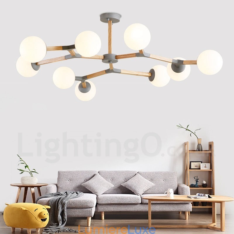 Lustre moléculaire en bois de style nordique moderne avec abat-jour en verre