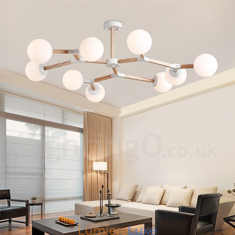 Lustre moléculaire en bois de style nordique moderne avec abat-jour en verre