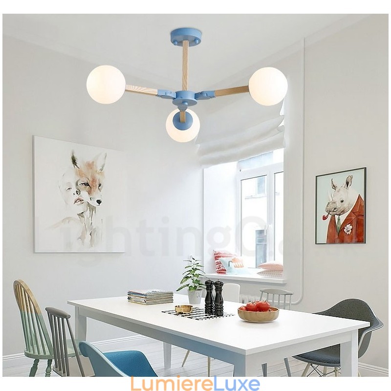Lustre moléculaire en bois de style nordique moderne avec abat-jour en verre