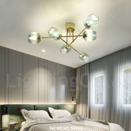 Lustre rustique Lodge à 6 lumières en acier inoxydable avec abat-jour en verre transparent ou bleu